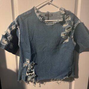 Fashion Nova Blue Distressed Denim Tee